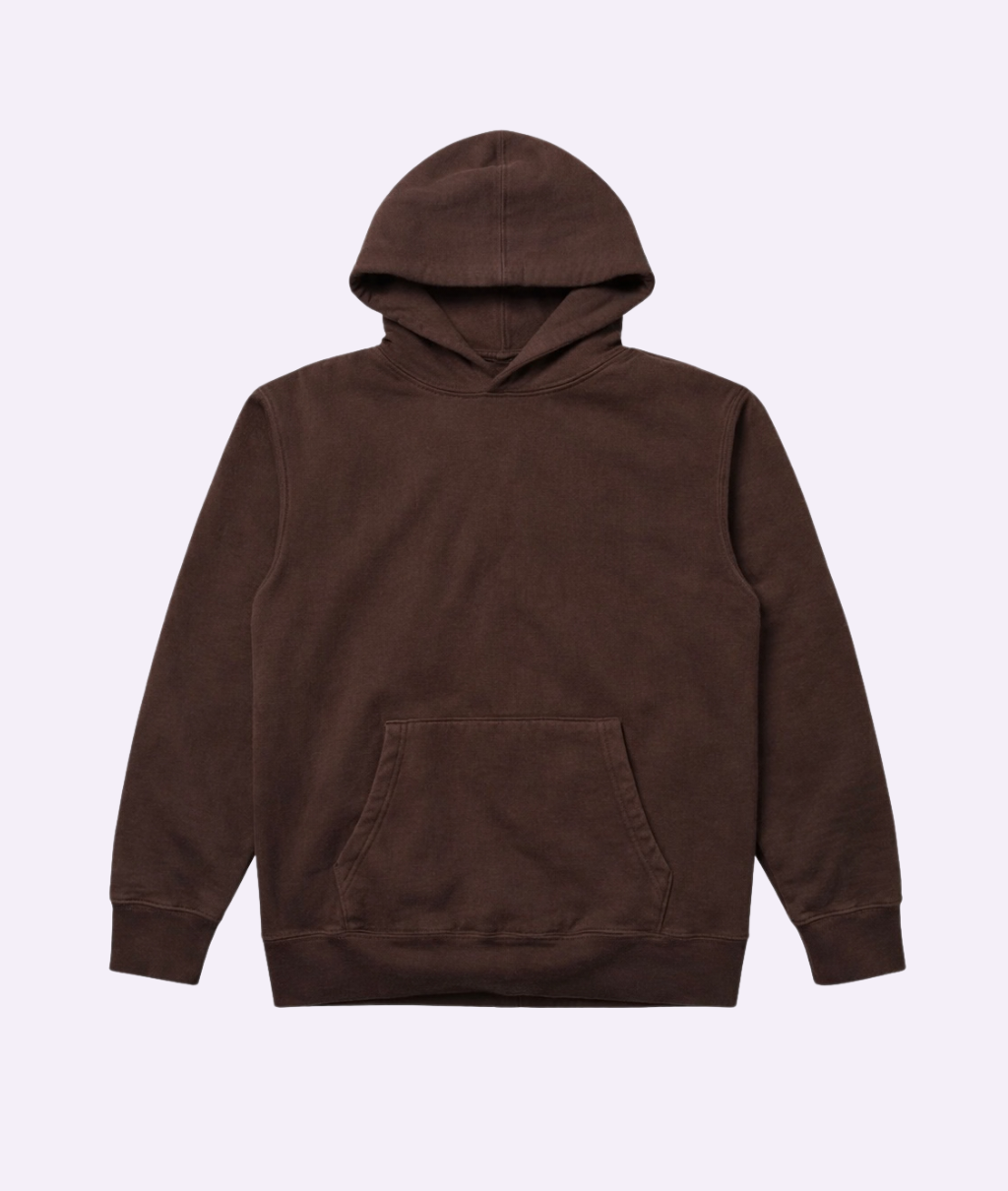 Brown hoodie on a light purple background