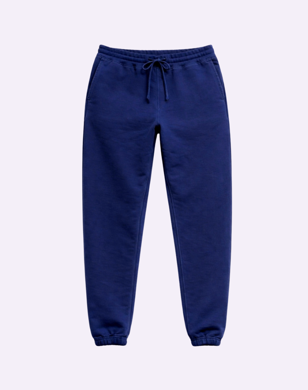 Blue sweatpants on a light purple background
