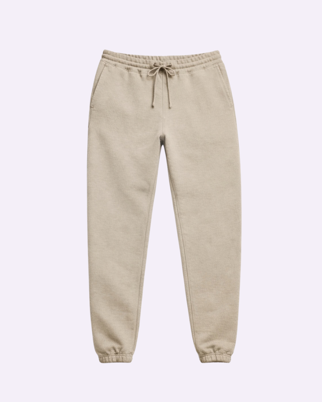 Beige sweatpants with a drawstring on a light purple background